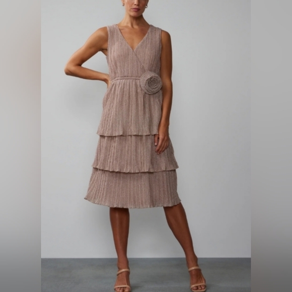 NY & Co🪩🏵️Metallic Plisse Tiered Rosette Dress - Picture 1 of 11